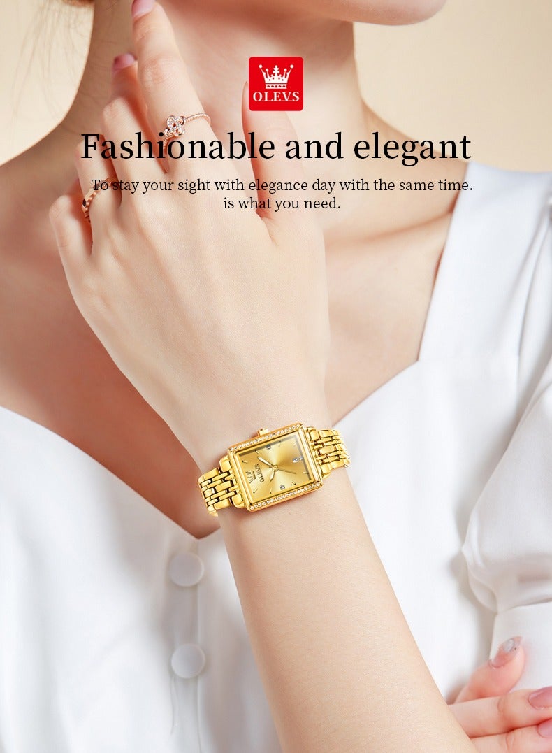 أوليفز ساعة نسائية أنيقة وعصرية مربعة الشكل بسوار كوارتز مع تاريخ مقاومة للماء هيكل ذهبي ومينا ذهبي 9995 - Image 2