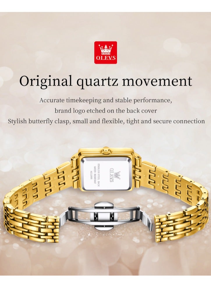 أوليفز ساعة نسائية أنيقة وعصرية مربعة الشكل بسوار كوارتز مع تاريخ مقاومة للماء هيكل ذهبي ومينا ذهبي 9995 - Image 4