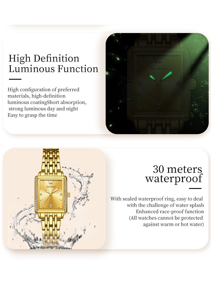 أوليفز ساعة نسائية أنيقة وعصرية مربعة الشكل بسوار كوارتز مع تاريخ مقاومة للماء هيكل ذهبي ومينا ذهبي 9995 - Image 5