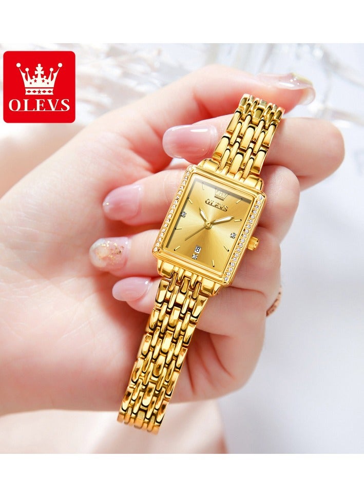 أوليفز ساعة نسائية أنيقة وعصرية مربعة الشكل بسوار كوارتز مع تاريخ مقاومة للماء هيكل ذهبي ومينا ذهبي 9995 - Image 1