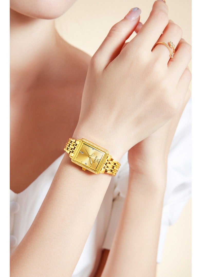 أوليفز ساعة نسائية أنيقة وعصرية مربعة الشكل بسوار كوارتز مع تاريخ مقاومة للماء هيكل ذهبي ومينا ذهبي 9995 - Image 3