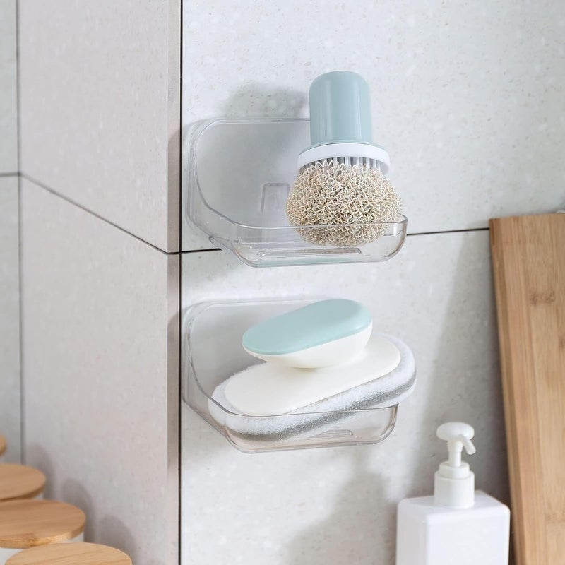 KASTWAVE 2 Pack Adhesive Soap Dish Wall Mounted, Plastic Self Draining Soap Holder for Bathroom Shower Kitchen Sink, Drill Free Soap Saver Tray, Clear Removable Soap Rack - Image 5