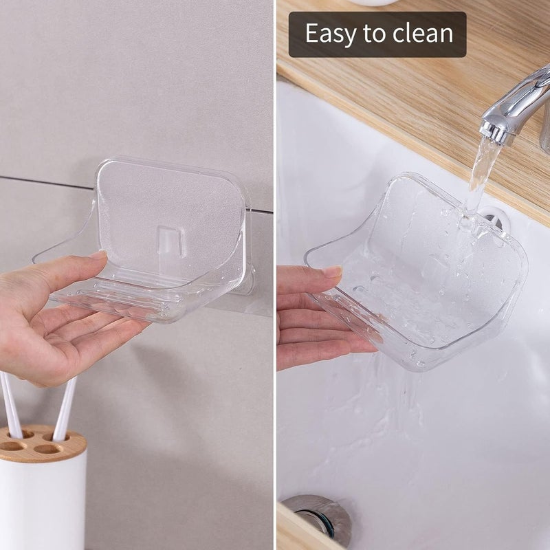 KASTWAVE 2 Pack Adhesive Soap Dish Wall Mounted, Plastic Self Draining Soap Holder for Bathroom Shower Kitchen Sink, Drill Free Soap Saver Tray, Clear Removable Soap Rack - Image 4
