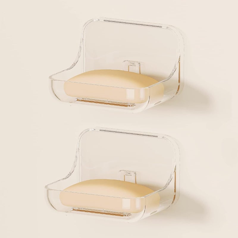 KASTWAVE 2 Pack Adhesive Soap Dish Wall Mounted, Plastic Self Draining Soap Holder for Bathroom Shower Kitchen Sink, Drill Free Soap Saver Tray, Clear Removable Soap Rack - Image 1