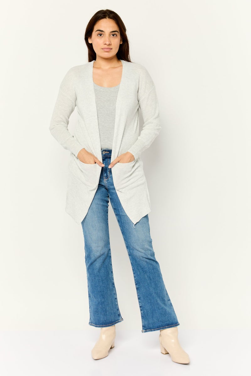 Pink Rose Women Split Neck Knitted Cardigan, Heather Grey - Image 1