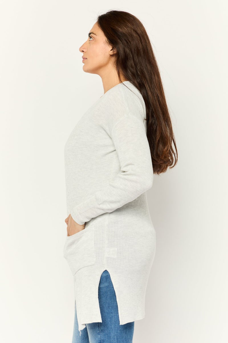 Pink Rose Women Split Neck Knitted Cardigan, Heather Grey - Image 3