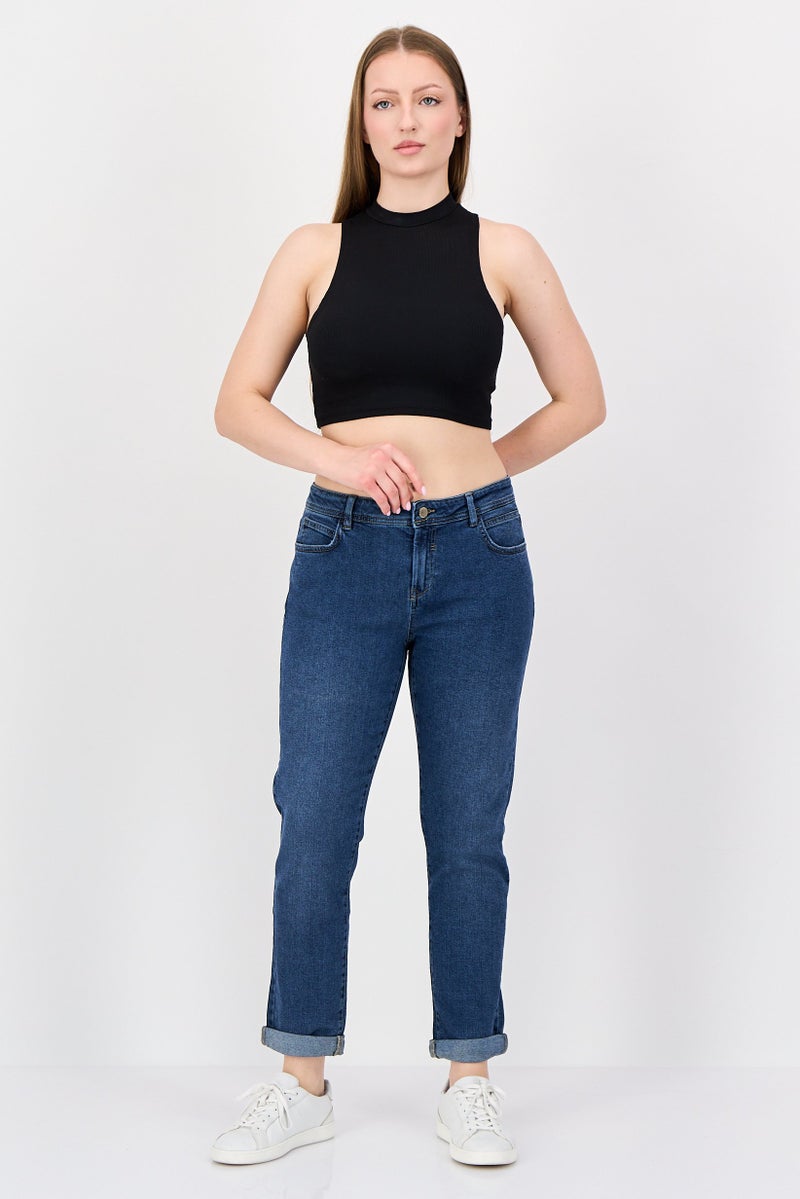 promod Women Regular Fit Solid Denim, Navy - Image 3