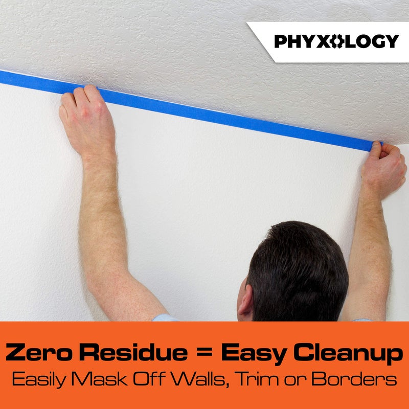 PHYXOLOGY SUPPLY شريط لاصق أزرق للرسم بدون بقايا 2 بوصة 4x 60 ياردة. سهل التمزيق، شريط ماسك قابل للإزالة من الدرجة الاحترافية رائع للاستخدام في المنزل، المكتب، والمقاولين التجاريين. طلاء نظيف وخالي من التنقيط مع لفات ورق كريب عريضة. - Image 4