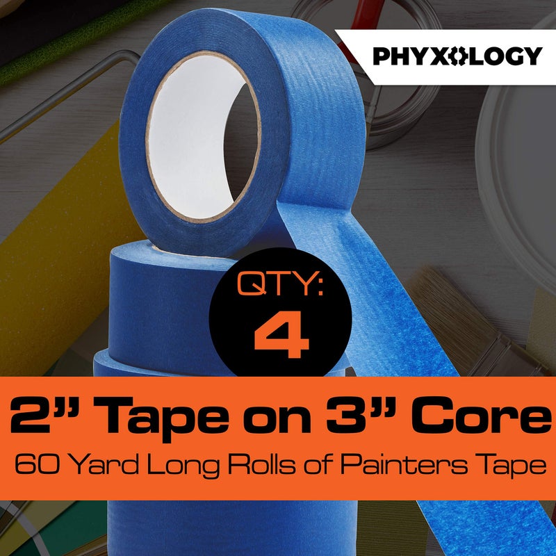PHYXOLOGY SUPPLY شريط لاصق أزرق للرسم بدون بقايا 2 بوصة 4x 60 ياردة. سهل التمزيق، شريط ماسك قابل للإزالة من الدرجة الاحترافية رائع للاستخدام في المنزل، المكتب، والمقاولين التجاريين. طلاء نظيف وخالي من التنقيط مع لفات ورق كريب عريضة. - Image 3