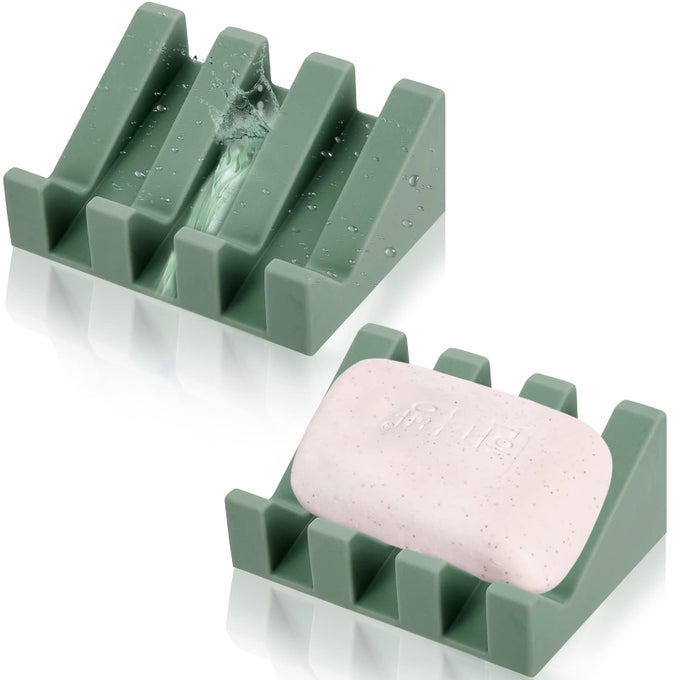 2 PIECES SILICONE SOAP DISH SELF DRAINING SOAP DISH SHOWER WATERFALL BAR SOAP HOLDER TRAY WITH DRAIN SOAP SAVER FOR KITCHEN BATHROOM ACCESSORIES LIGHT GREEN