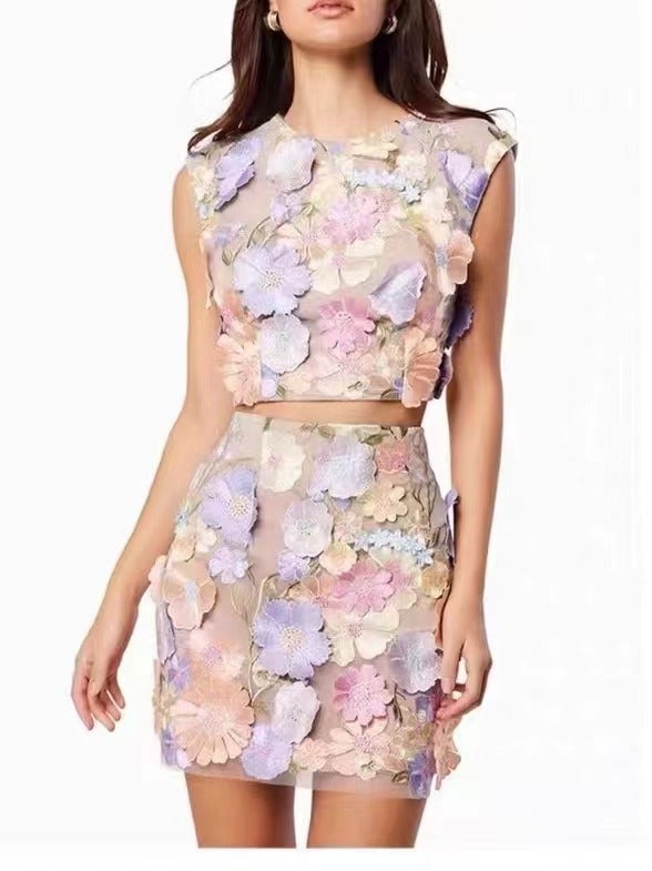 2024 Spring Embroidered Sleeveless Top  Skirt Set apricot flower  - Image 2
