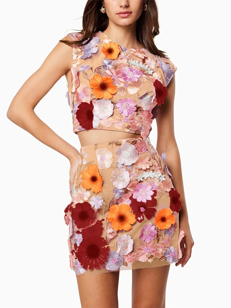 2024 Spring Embroidered Sleeveless Top  Skirt Set apricot flower  - Image 1