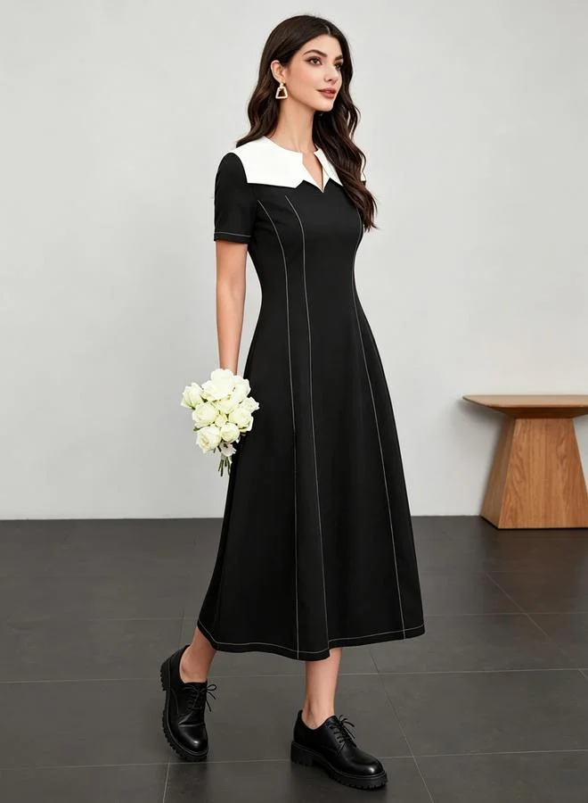 تايك تو Black A-Line Midi Dress With Contrast Yoke