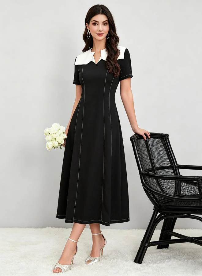 تايك تو Black A-Line Midi Dress With Contrast Yoke