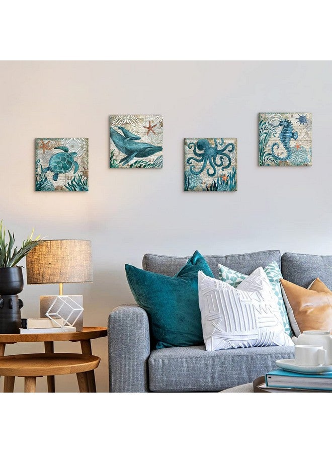 YOOOAHU Bathroom Wall Art Beach Decor Ocean Sea Turtle Octopus Canvas Pictures Coastal Room Decor Teal Bathroom Accessories Vintage Whale Seahorse Poster Modern Nautical Painting Bedroom Home Decorations - Image 4