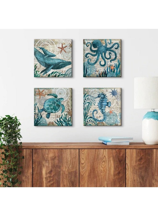 YOOOAHU Bathroom Wall Art Beach Decor Ocean Sea Turtle Octopus Canvas Pictures Coastal Room Decor Teal Bathroom Accessories Vintage Whale Seahorse Poster Modern Nautical Painting Bedroom Home Decorations - Image 2