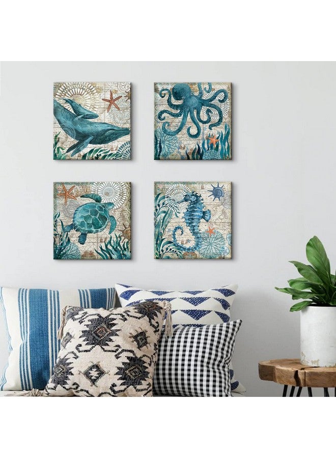 YOOOAHU Bathroom Wall Art Beach Decor Ocean Sea Turtle Octopus Canvas Pictures Coastal Room Decor Teal Bathroom Accessories Vintage Whale Seahorse Poster Modern Nautical Painting Bedroom Home Decorations - Image 5