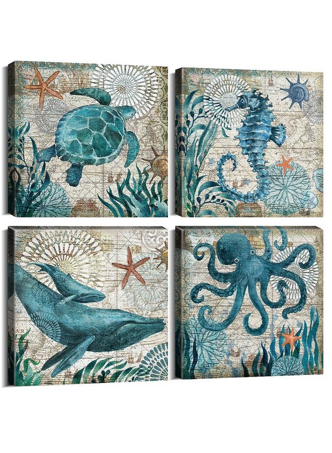 YOOOAHU Bathroom Wall Art Beach Decor Ocean Sea Turtle Octopus Canvas Pictures Coastal Room Decor Teal Bathroom Accessories Vintage Whale Seahorse Poster Modern Nautical Painting Bedroom Home Decorations - Image 1