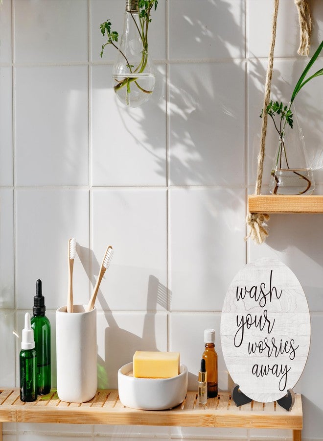 Zmyollo Rustic Funny Bathroom Quote, Round Sign With Stand, 'Wash Your Worries Away' For Shelf or Toilet, Farmhouse Home Decor Gift, A11 - Image 5
