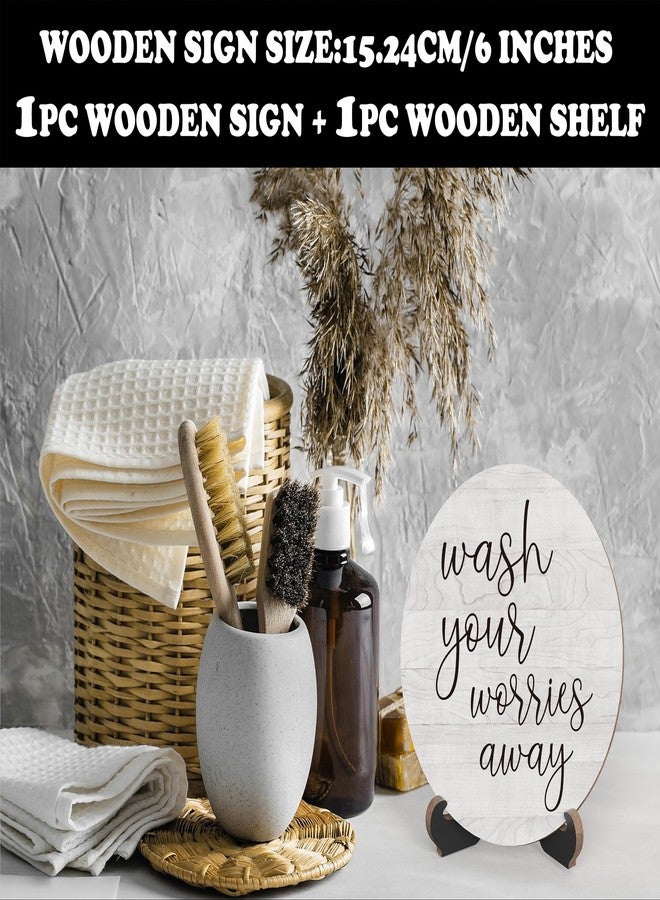 Zmyollo Rustic Funny Bathroom Quote, Round Sign With Stand, 'Wash Your Worries Away' For Shelf or Toilet, Farmhouse Home Decor Gift, A11 - Image 2