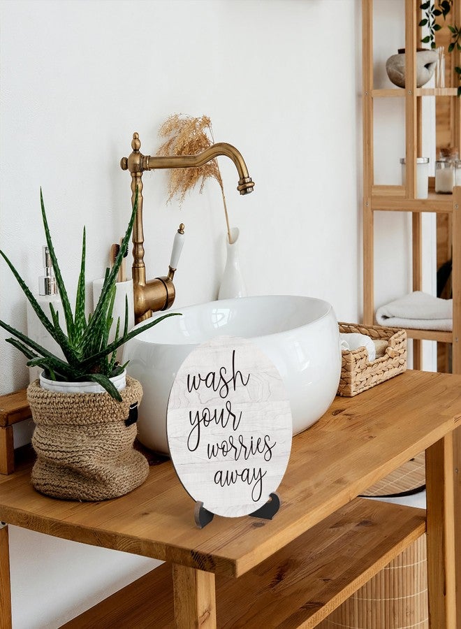 Zmyollo Rustic Funny Bathroom Quote, Round Sign With Stand, 'Wash Your Worries Away' For Shelf or Toilet, Farmhouse Home Decor Gift, A11 - Image 4