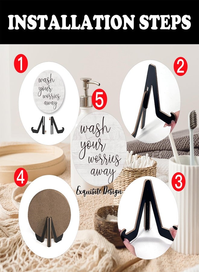Zmyollo Rustic Funny Bathroom Quote, Round Sign With Stand, 'Wash Your Worries Away' For Shelf or Toilet, Farmhouse Home Decor Gift, A11 - Image 3