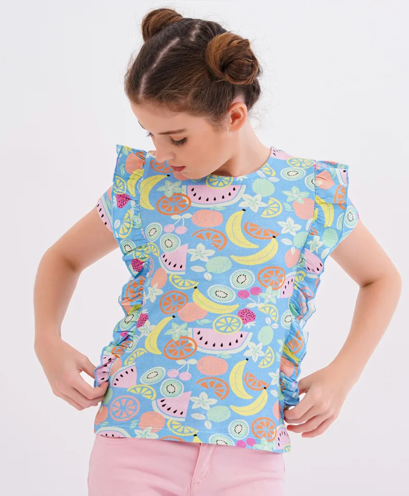 Primo Gino Primo Gino All Over Fruit Digital Print Short Sleeves Top With Frill Detailing in Cotton Elastane Fabric - Blue