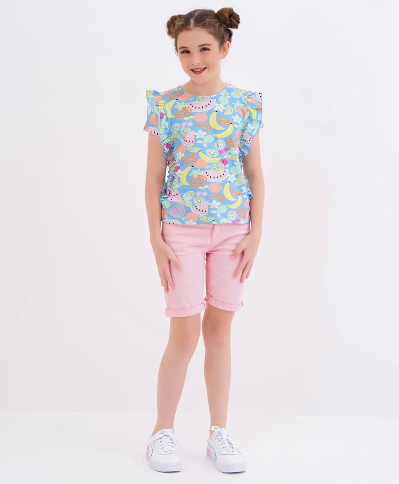 Primo Gino Primo Gino All Over Fruit Digital Print Short Sleeves Top With Frill Detailing in Cotton Elastane Fabric - Blue