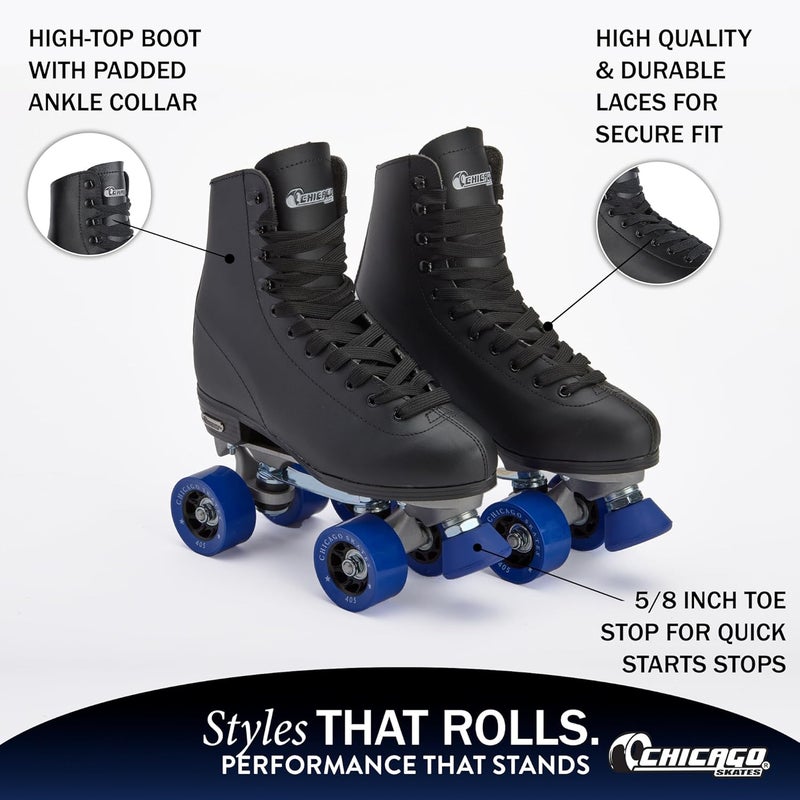 Chicago Skates Premium Black Quad Roller Skates for Men and Boys - Adjustable High-Top Design for Indoor/Outdoor Use - Image 3