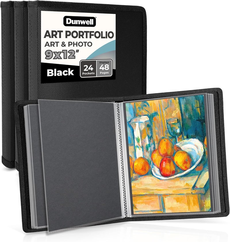 Dunwell 9x12 Art Portfolio Binder (3-Pack, Black), Includes Mounting Paper, Portfolio Binder for Artwork, 9 x 12 Art Folder, 24 Pockets Display 48 Pages, Acid-Free Poly Presentation Book - Image 1