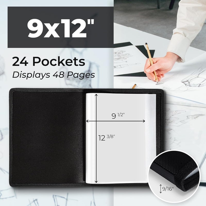 Dunwell 9x12 Art Portfolio Binder (3-Pack, Black), Includes Mounting Paper, Portfolio Binder for Artwork, 9 x 12 Art Folder, 24 Pockets Display 48 Pages, Acid-Free Poly Presentation Book - Image 2