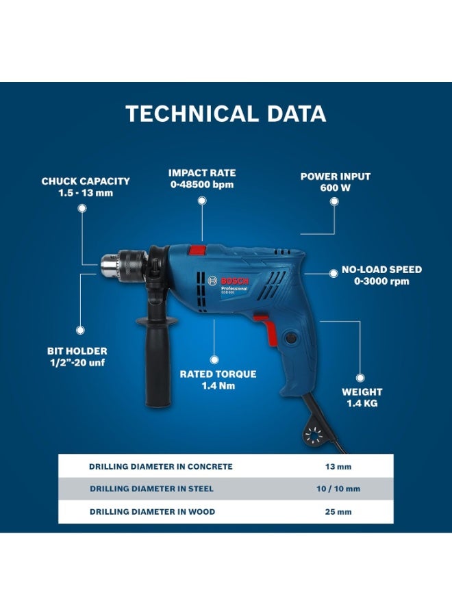 بوش BOSCH GSB 600 Corded Electric Impact Drill, 100Pcs Accessory Set | 600 W Motor | Speed of 3000 RPM | Rated Torque of 1.4 Nm | Impact rate of 48000 BPM | Double Insulation | 1 Year Warranty - Image 2