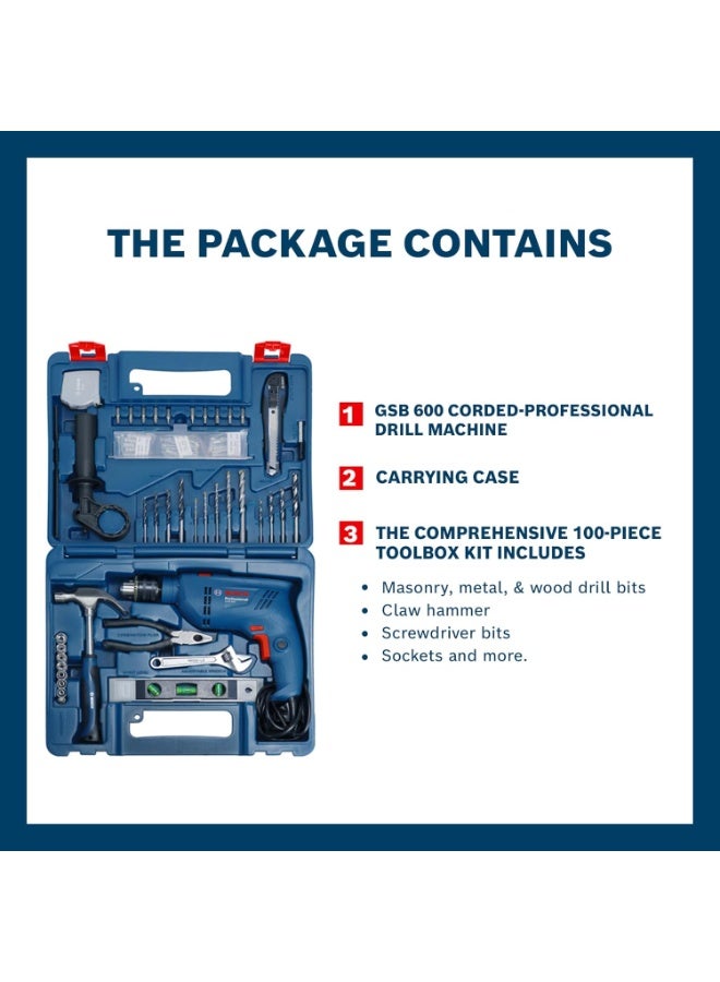 بوش BOSCH GSB 600 Corded Electric Impact Drill, 100Pcs Accessory Set | 600 W Motor | Speed of 3000 RPM | Rated Torque of 1.4 Nm | Impact rate of 48000 BPM | Double Insulation | 1 Year Warranty - Image 3