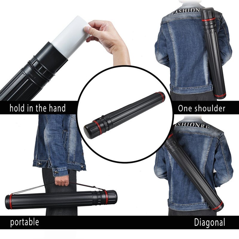 DEWEL Drawing Tube Blueprint Case Telescoping Art Tube Large Plastic Black Storage Tube Expands from 25 to 40 Inches Plastic Waterproof and Light Resistant Poster Tube with Strap - Image 4