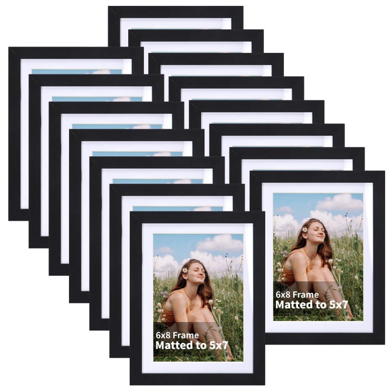 EYMPEU 5x7 Picture Frames with Mat Black Wood Set of 15 Display 5 by 7 Photos with Mat or 6x8 Photos without Mat Multi Matted Frames Bulk for Wall Table Top