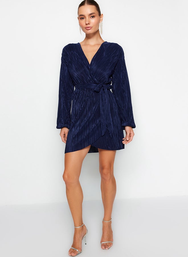 trendyol Navy Blue Belted A-Line Lined Pleated Knitted Short Elegant Evening Night Graduation Dress - Image 3