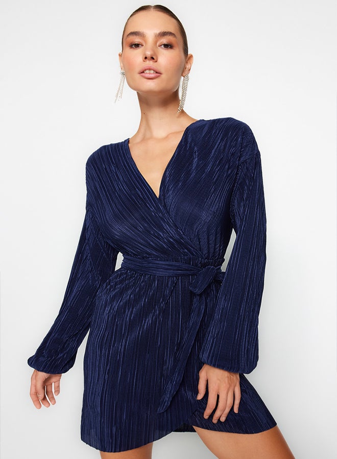 trendyol Navy Blue Belted A-Line Lined Pleated Knitted Short Elegant Evening Night Graduation Dress - Image 1