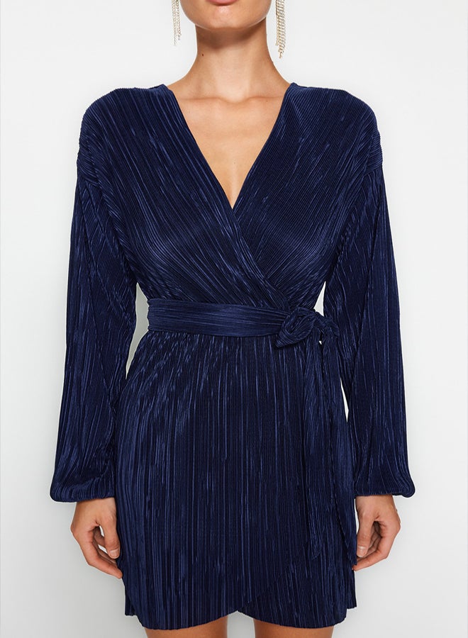 trendyol Navy Blue Belted A-Line Lined Pleated Knitted Short Elegant Evening Night Graduation Dress - Image 4