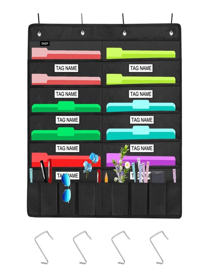 Sinzip Heavy Duty 10 Pocket Door Hanging File Organizer with Name Tag Holders, Black Wall Storage Pocket Charts with 4 Hangers, Great for Classroom, School, Home or Office Use (10 Nametag Pocket) - Image 1