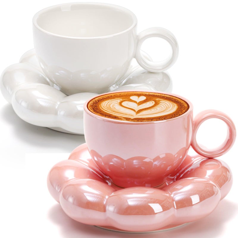 Goaste 2 Pack Ceramic Coffee Mug with Saucer Set, Cute Cloud Mug with Sunflower Coaster, 8oz Creative Latte Tea Cup for Office, Home, Coffee, Tea, Latte, Milk, Pink, Pearl White - Image 1