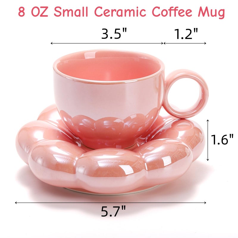 Goaste 2 Pack Ceramic Coffee Mug with Saucer Set, Cute Cloud Mug with Sunflower Coaster, 8oz Creative Latte Tea Cup for Office, Home, Coffee, Tea, Latte, Milk, Pink, Pearl White - Image 2