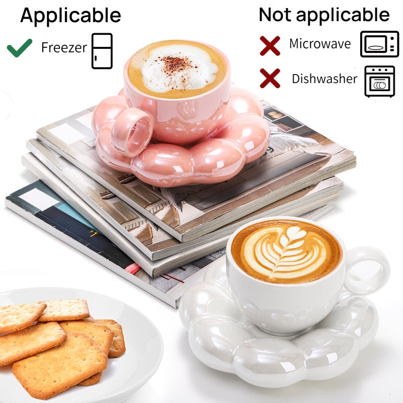 Goaste 2 Pack Ceramic Coffee Mug with Saucer Set, Cute Cloud Mug with Sunflower Coaster, 8oz Creative Latte Tea Cup for Office, Home, Coffee, Tea, Latte, Milk, Pink, Pearl White - Image 4