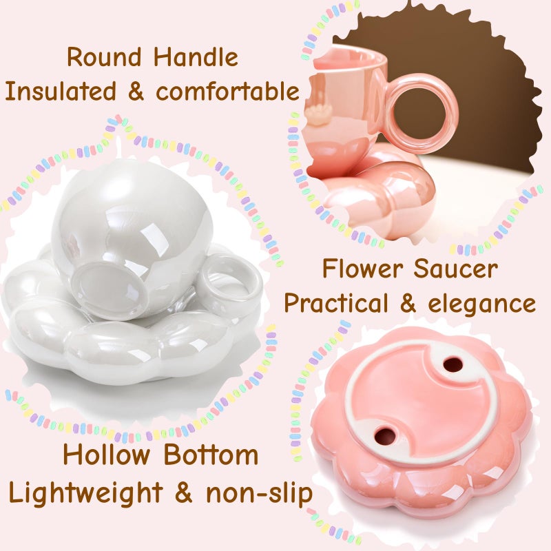 Goaste 2 Pack Ceramic Coffee Mug with Saucer Set, Cute Cloud Mug with Sunflower Coaster, 8oz Creative Latte Tea Cup for Office, Home, Coffee, Tea, Latte, Milk, Pink, Pearl White - Image 3