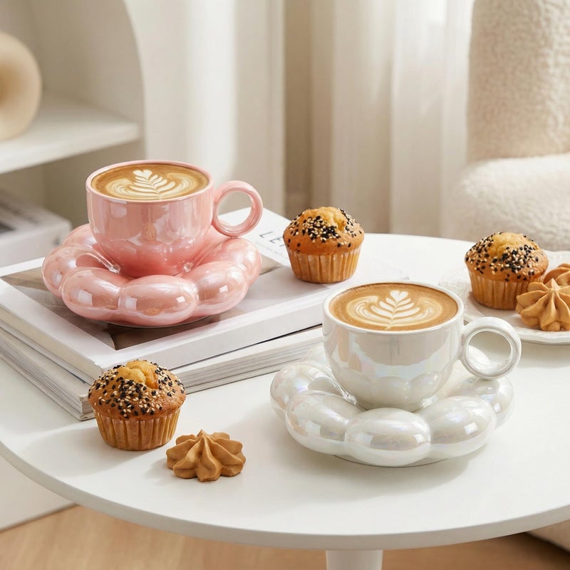 Goaste 2 Pack Ceramic Coffee Mug with Saucer Set, Cute Cloud Mug with Sunflower Coaster, 8oz Creative Latte Tea Cup for Office, Home, Coffee, Tea, Latte, Milk, Pink, Pearl White - Image 5