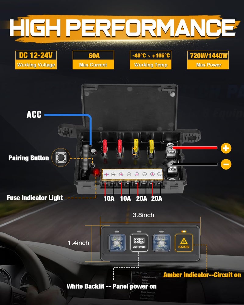 Niking Auto Wireless 4 Gang Switch Panel, Niking Auto Multifunction Offroad LED Switch Pods with Toggle Pulse Auxiliary Universal Circuit Control 12V Relay System Control Box for Trucks SUV UTV Car Boat RV Marine - Image 2