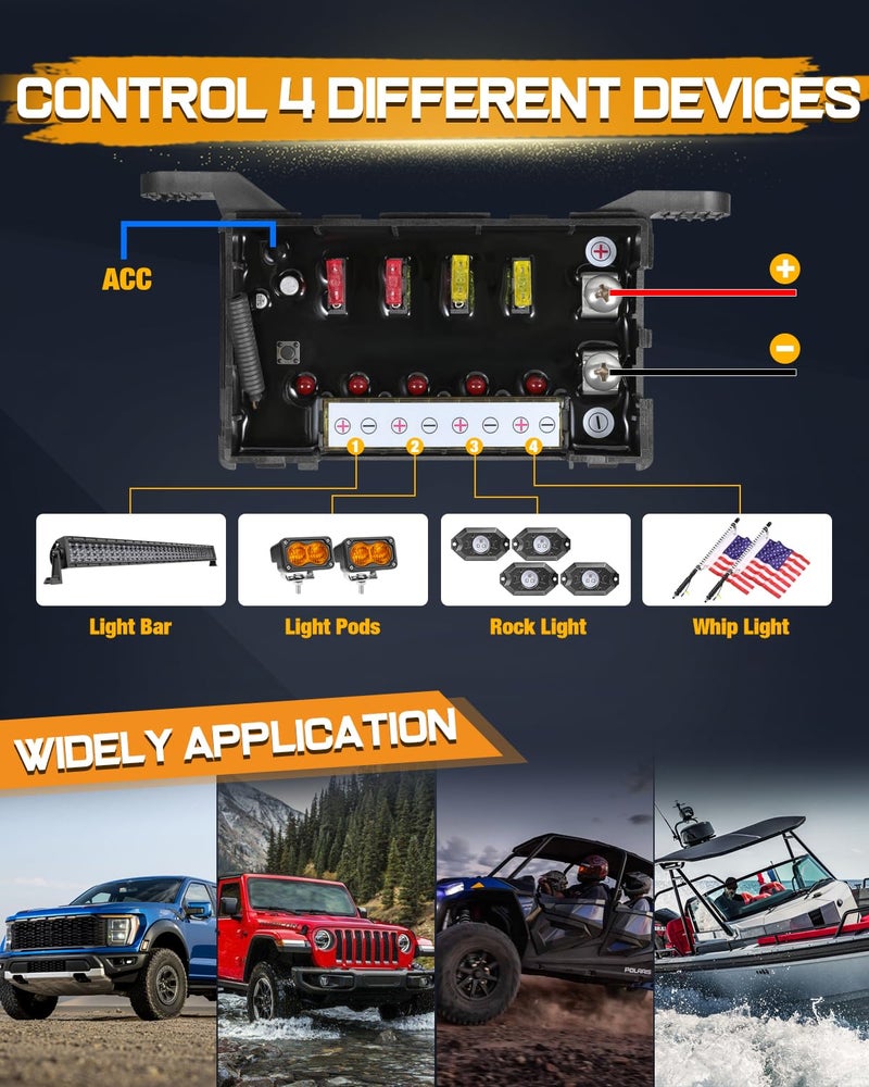 Niking Auto Wireless 4 Gang Switch Panel, Niking Auto Multifunction Offroad LED Switch Pods with Toggle Pulse Auxiliary Universal Circuit Control 12V Relay System Control Box for Trucks SUV UTV Car Boat RV Marine - Image 4