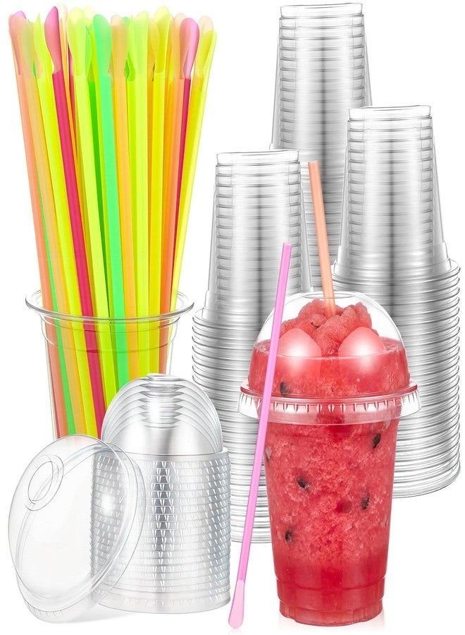 Reallnaive 100 Sets 12 oz Clear Slushie Cups with Dome Lids and Snow Cone Spoon Straws, Disposable Smoothie Cold Drinking Cups for Party Iced Coffee Cold Drinks Juice Milkshake - Image 1