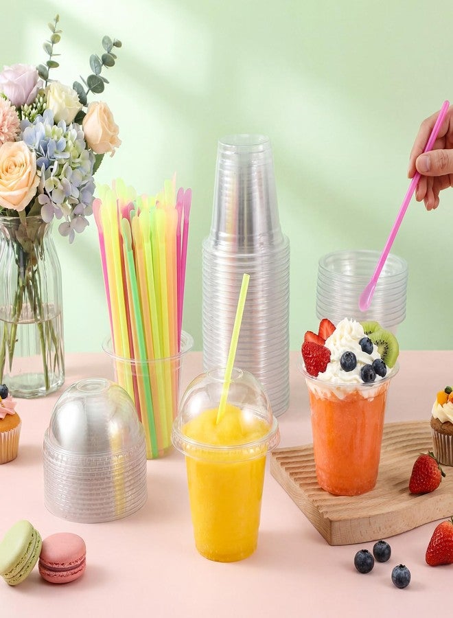 Reallnaive 100 Sets 12 oz Clear Slushie Cups with Dome Lids and Snow Cone Spoon Straws, Disposable Smoothie Cold Drinking Cups for Party Iced Coffee Cold Drinks Juice Milkshake - Image 4