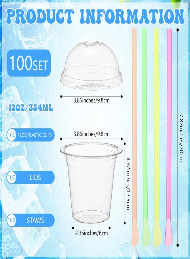 Reallnaive 100 Sets 12 oz Clear Slushie Cups with Dome Lids and Snow Cone Spoon Straws, Disposable Smoothie Cold Drinking Cups for Party Iced Coffee Cold Drinks Juice Milkshake - Image 2