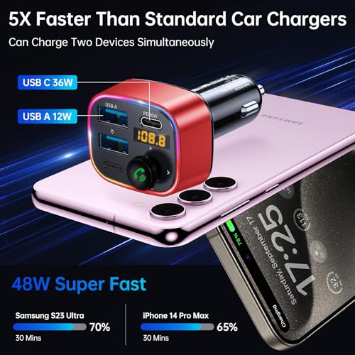 Syncwire Bluetooth 5.4 FM Transmitter Car Adapter 48W (PD 36W & 12W) [Light Switch] [Hi-Fi Deep Bass] [Fast Charge] Wireless Radio Music Adapter LED Display Hands-Free Calling Support USB Drive, Red - Image 3